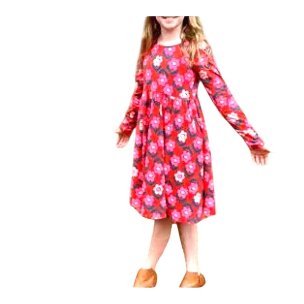 Hanna Andersson Girls Red Floral Long Sleeve Pocket Dress 130cm US 8 68125 FWH23